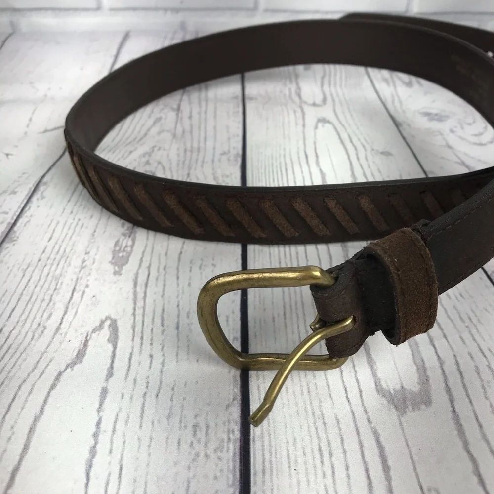 Chocolate brown suede whipstitch belt XL brass bkl